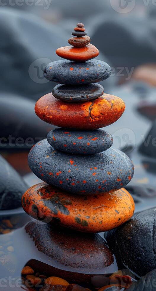 AI generated Zen stones and orange flowers on black background photo