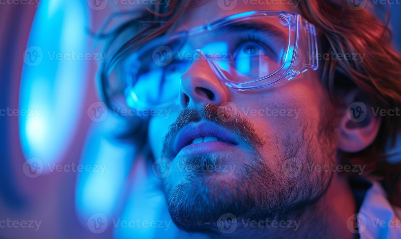 AI generated Man looks up while wearing goggles and lab coat. photo