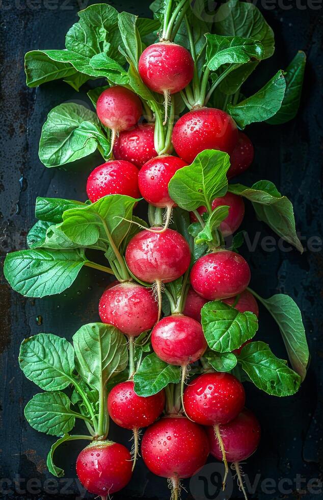 AI generated Fresh radishes with water drops on black background photo