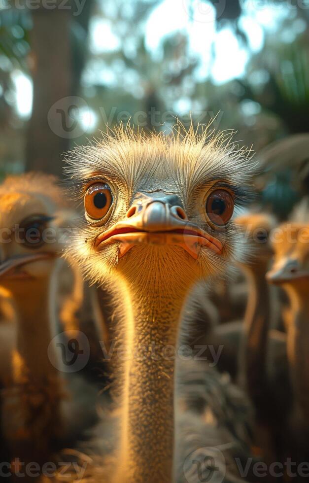 AI generated an ostrich standing next to other ostriches in an enclosure photo