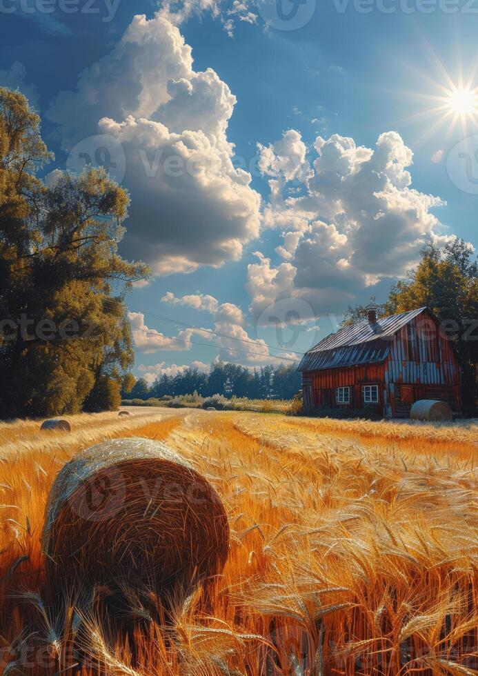 AI generated Straw bales and red barn in field photo