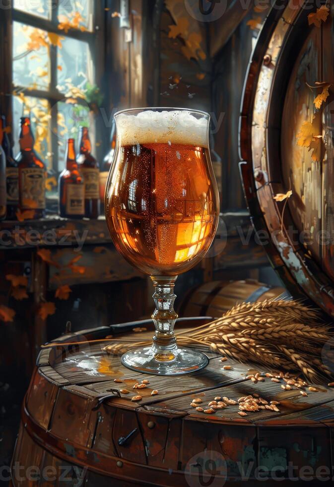 AI generated Glass of cold light beer with foam and water drops on the wooden barrel in the cellar. Craft brewery. photo