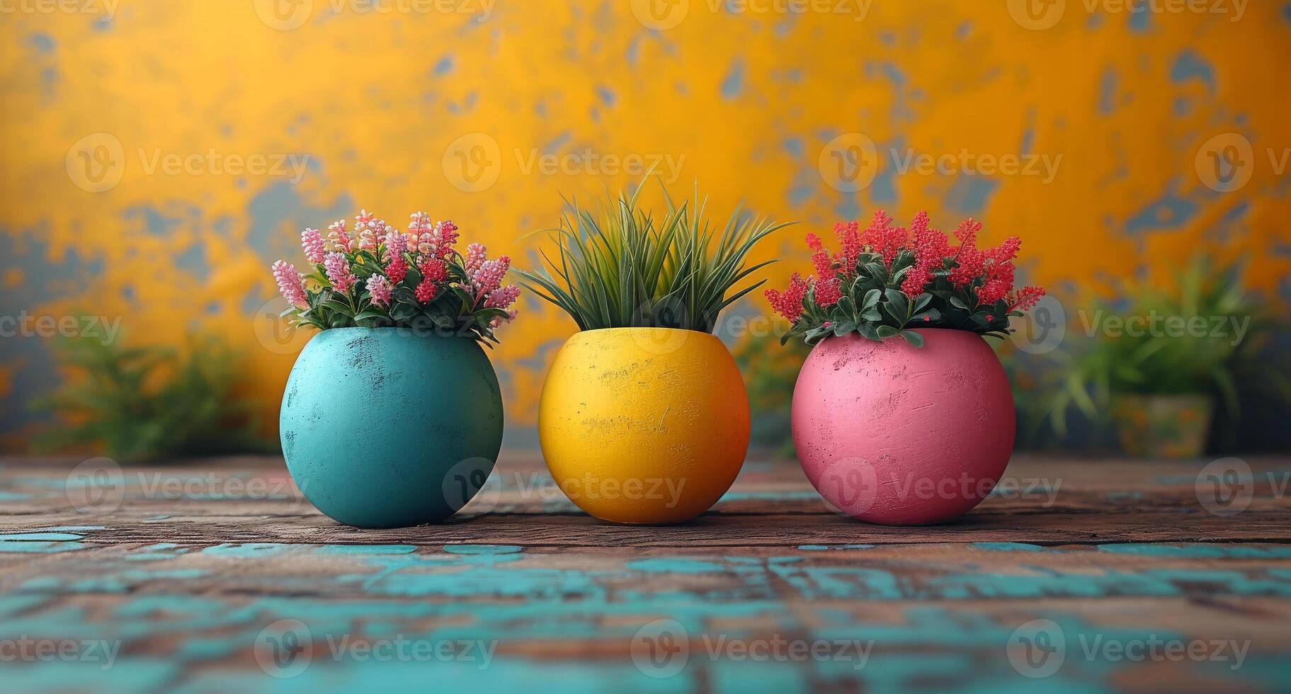 AI generated Three colorful flower pots on wooden table photo