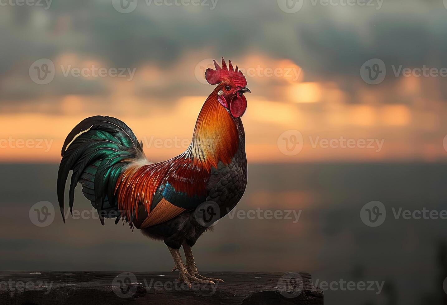 ai generado gallo en pie en de madera cerca a puesta de sol foto