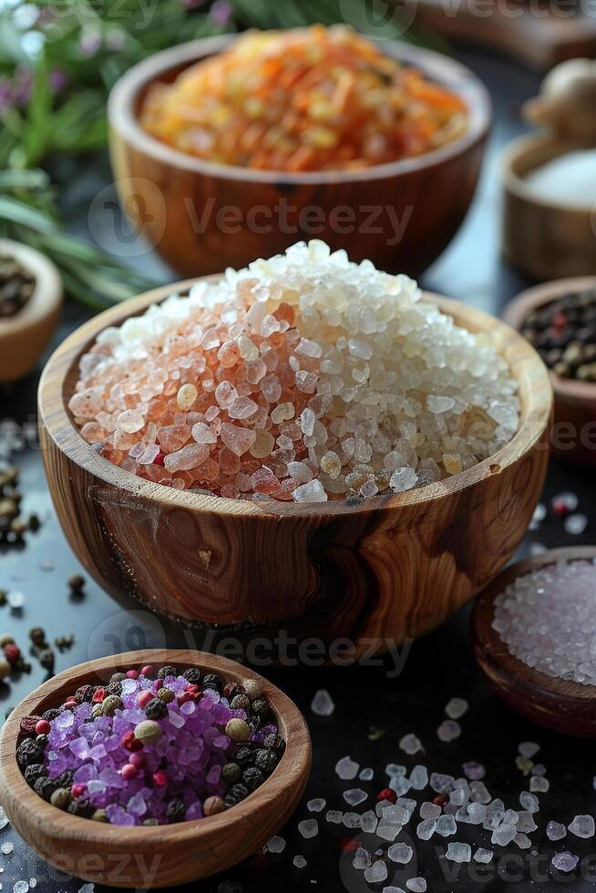 AI generated Different kinds of salt in wooden bowl photo