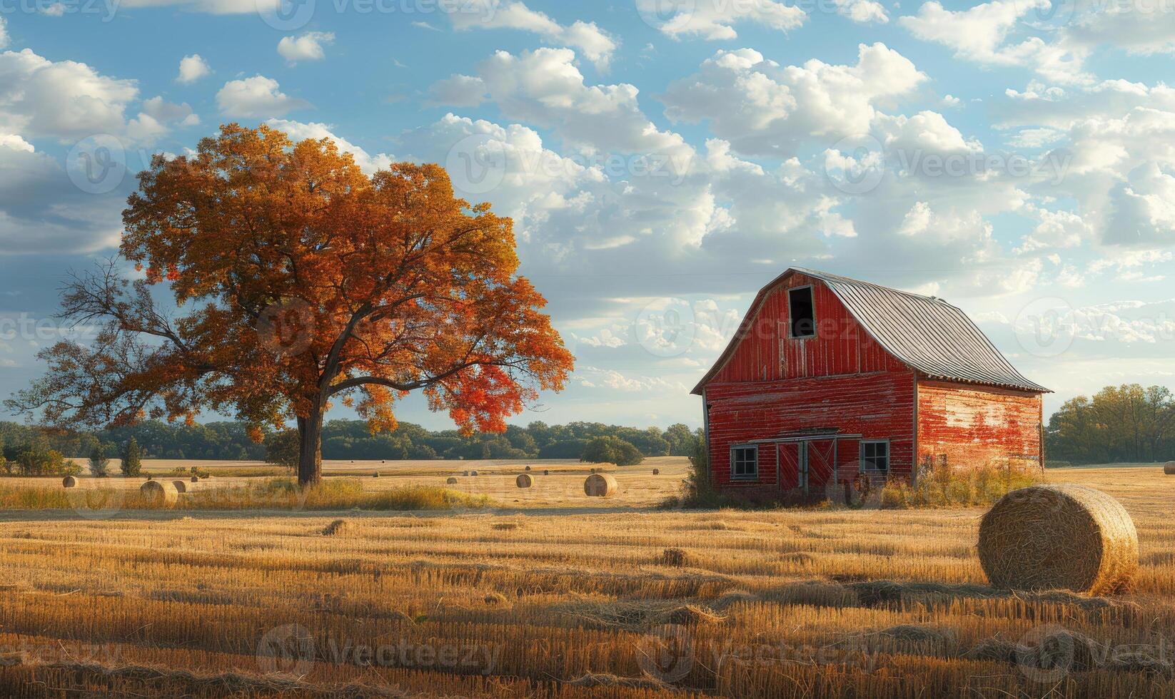 AI generated Red barn and hay bales sit in field on sunny autumn day photo