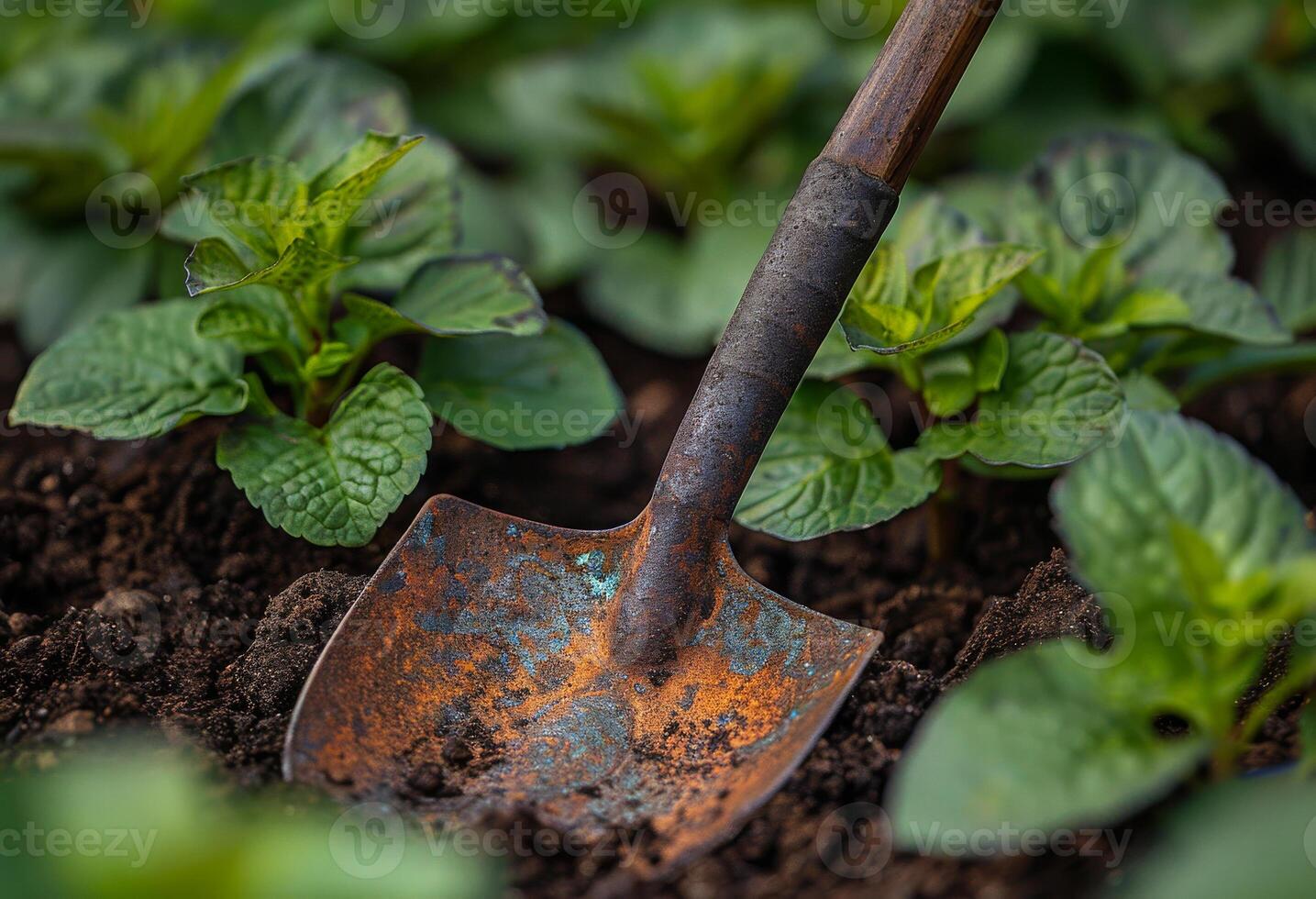 AI generated Rusty shovel is stuck in the soil in the garden photo