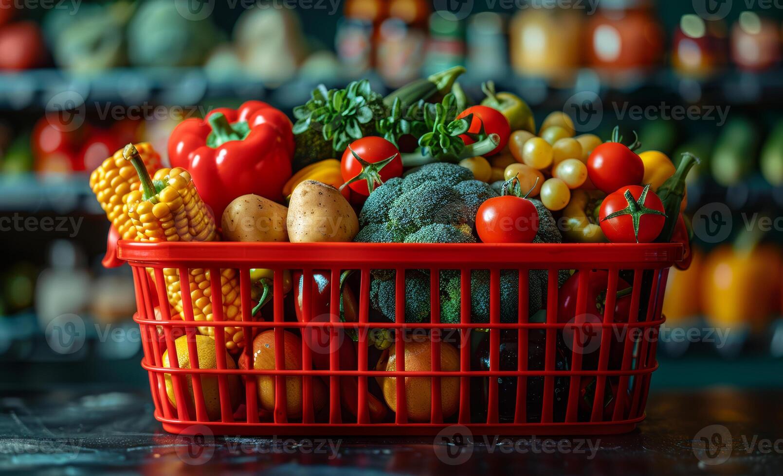 AI generated Shopping basket full of fresh and healthy vegetables photo