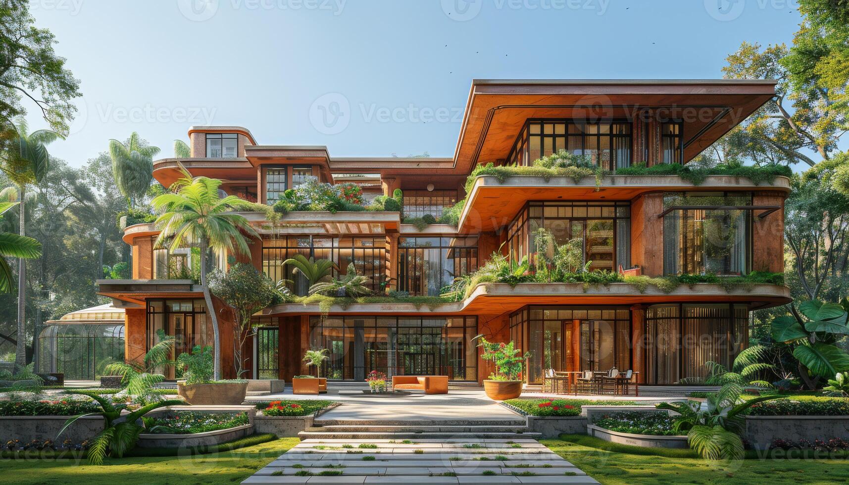 AI generated 3d rendering of modern cozy house or villa with garage and pool for sale photo