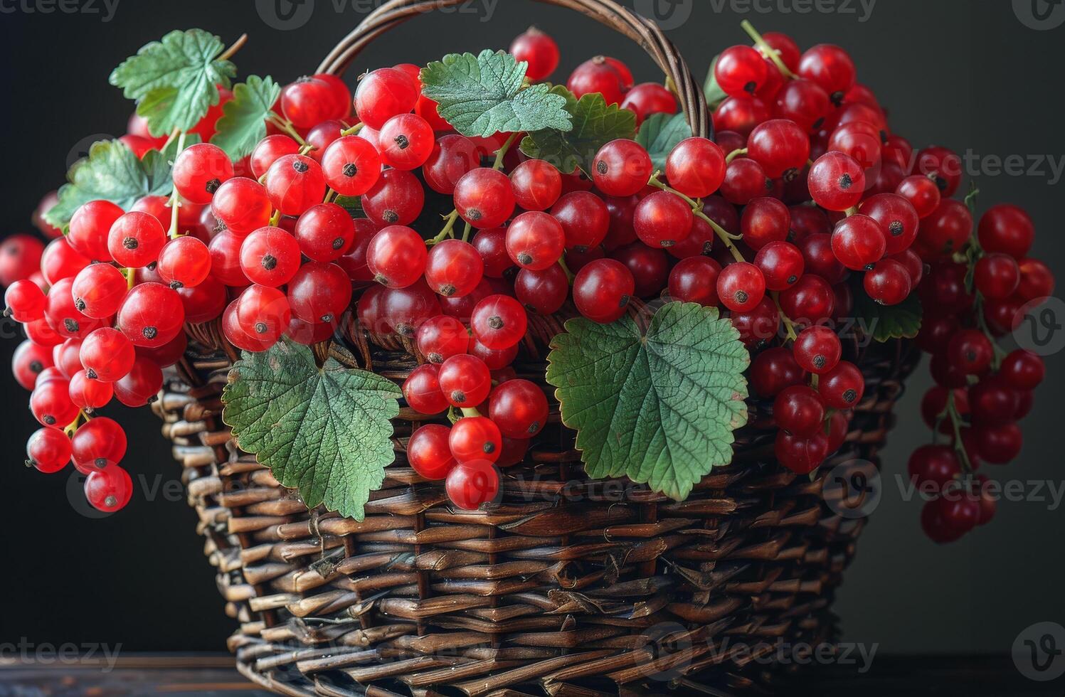 AI generated Basket with red currant on dark background photo