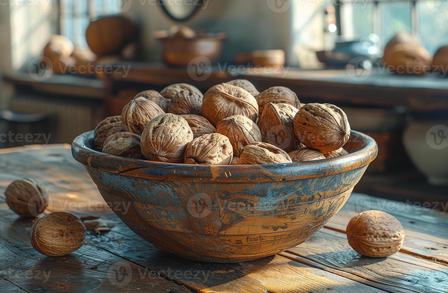 AI generated Walnuts in bowl on wooden table photo