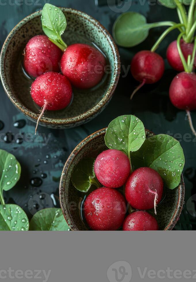 AI generated Fresh radishes in bowl on dark background photo