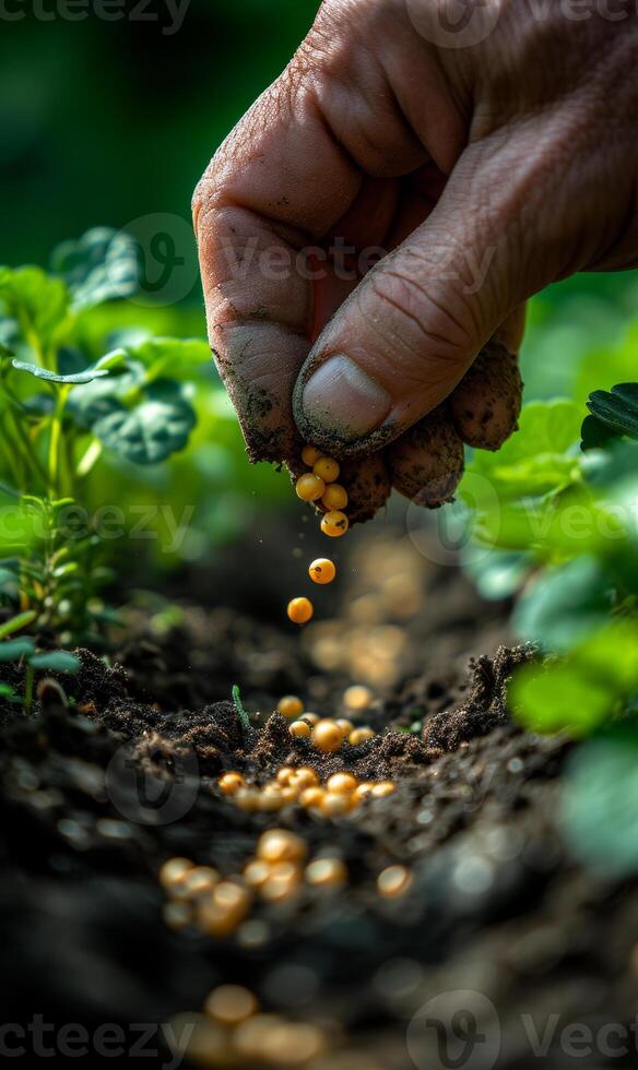 AI generated The hands of farmer hold handful of soil and pour the seeds of soybean into the ground. photo