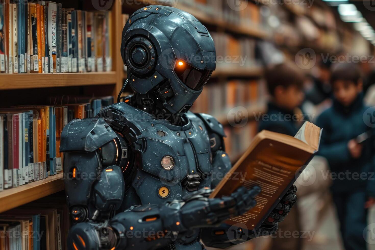 AI generated Robot stands in library and reads book. Children are in the background. photo