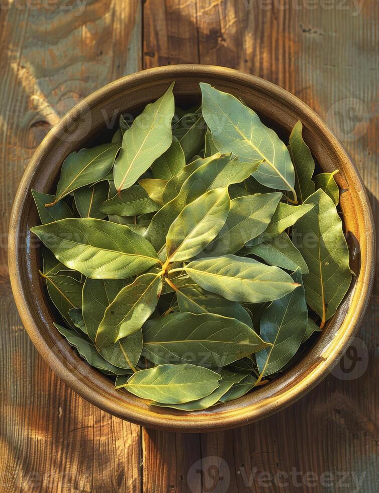 AI generated Bay leaves in bowl. A some bay leaves in a bowl on top of a wooden table photo