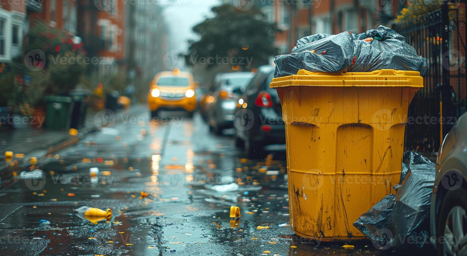 AI generated Yellow trash can overflowing with garbage on the street photo