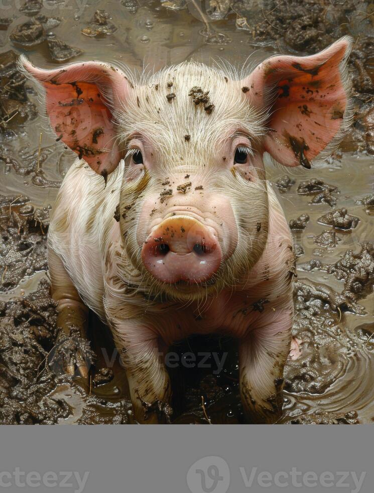 AI generated Pig stands in muddy puddle photo