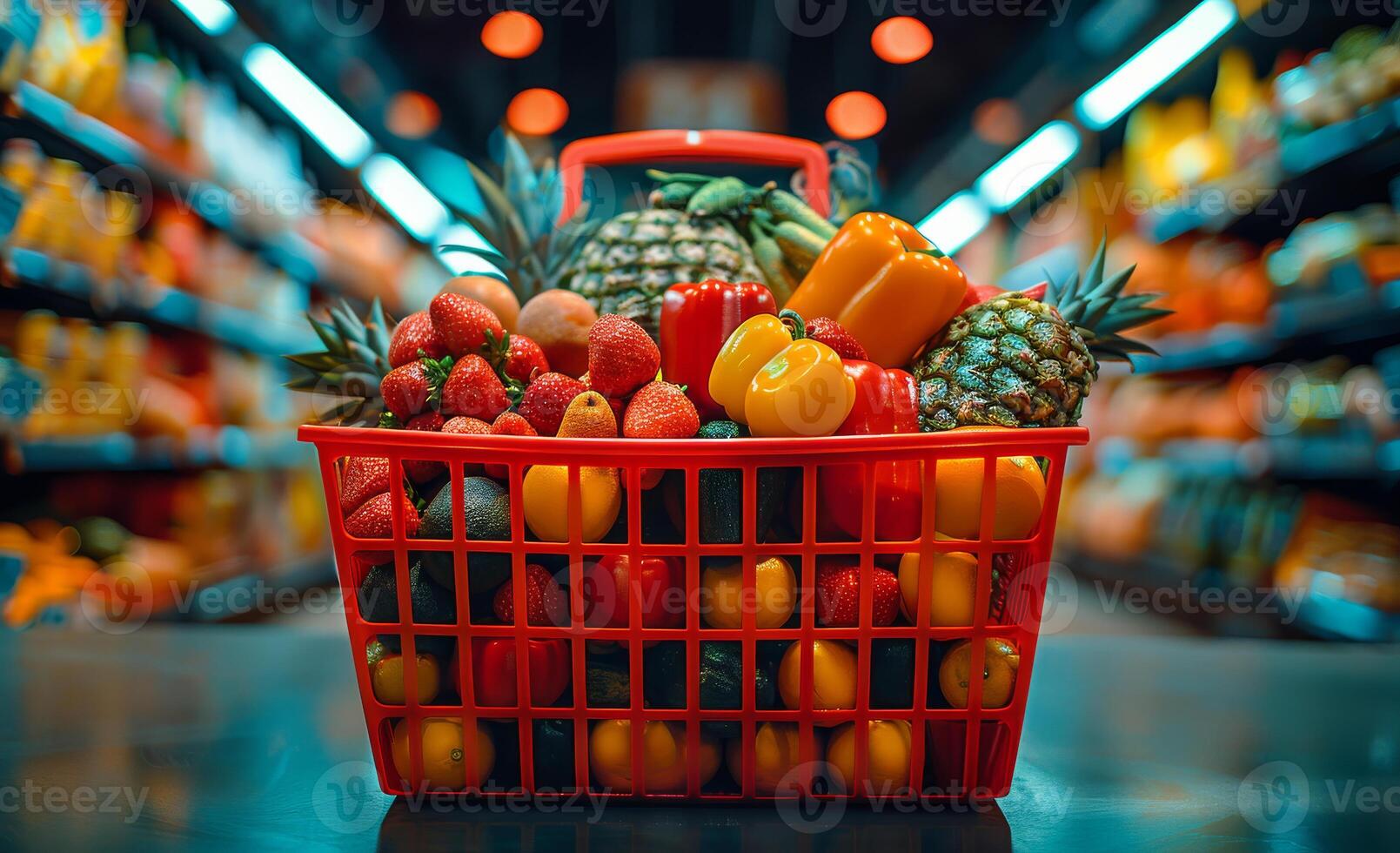 AI generated Shopping basket full of fresh fruits and vegetables photo