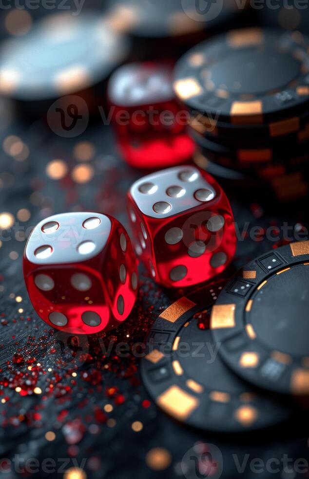 AI generated Red dice and poker chips on dark background photo