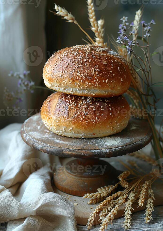 AI generated Two round bread rolls are on wooden stand ears of wheat and linen napkin photo