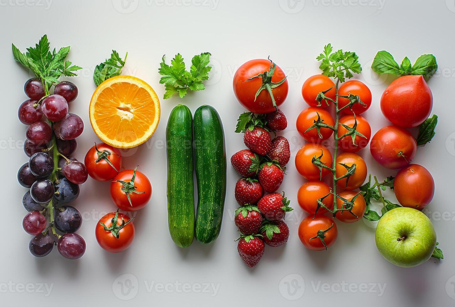 ai generado Fresco frutas y vegetales en blanco antecedentes foto