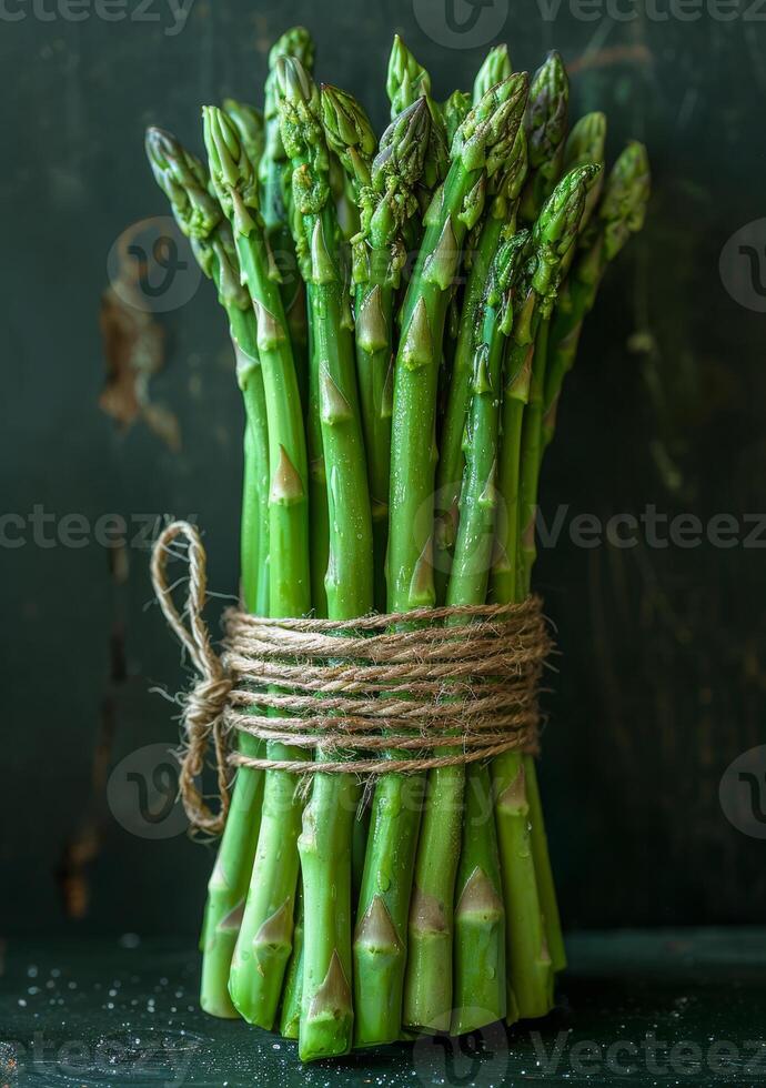 ai generado Fresco verde espárragos en oscuro antecedentes foto