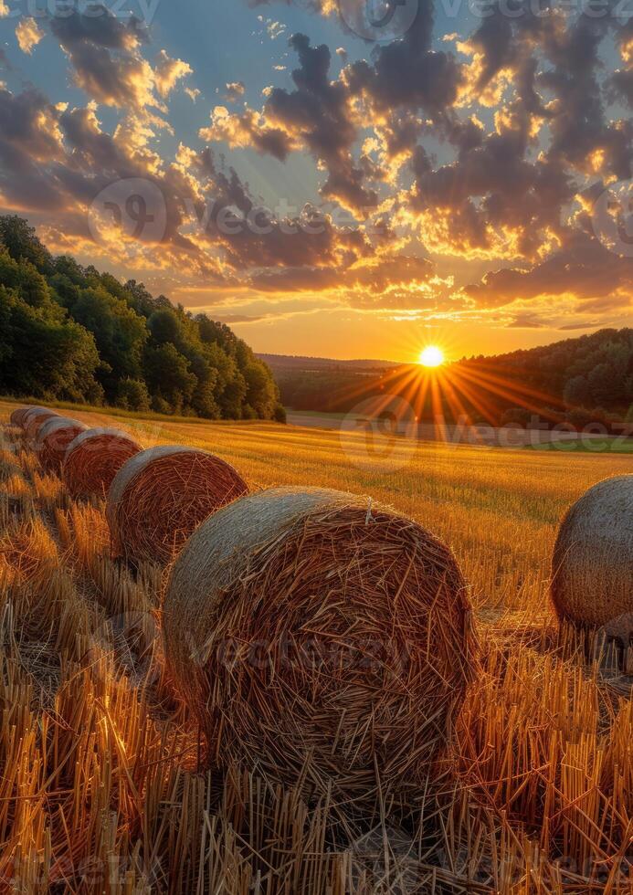 AI generated Hay bales on the field after harvest Hungary photo