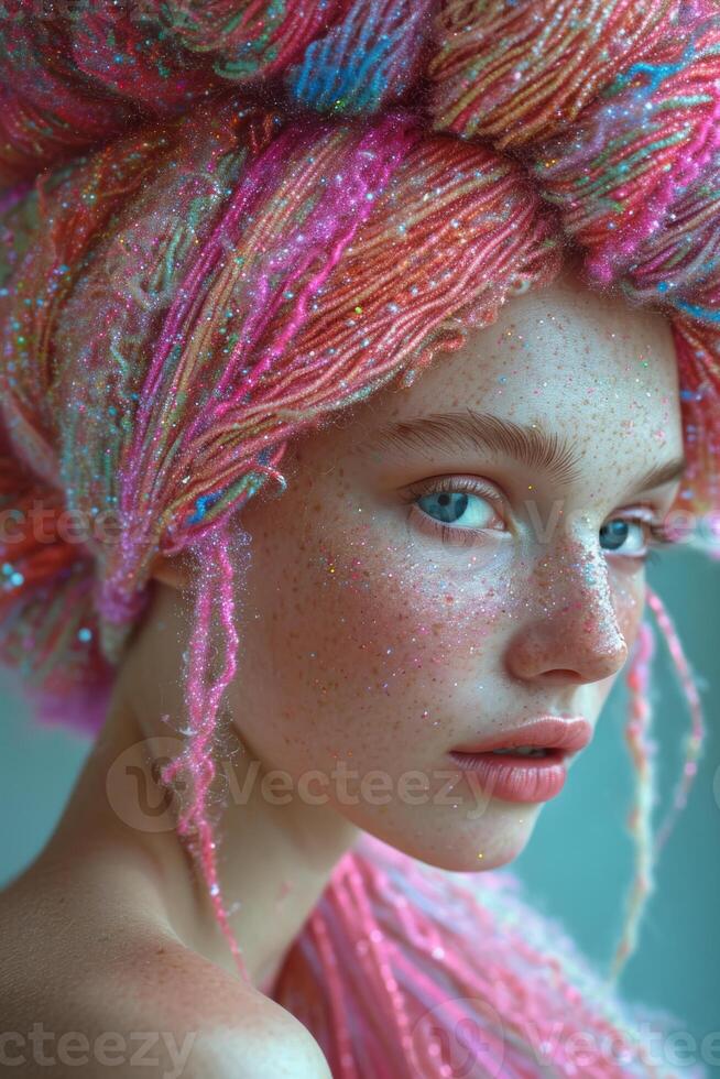 ai generado retrato de niña con fantasía peinado y vistoso maquillaje foto