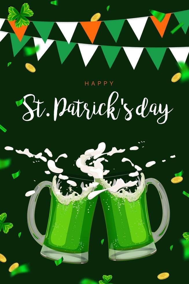 Vertical St. Patrick's Day banner with green beer mugs. A toast to good luck. Confetti, flags, clover and gold coins are traditional elements of the Irish national holiday. Vector illustration.