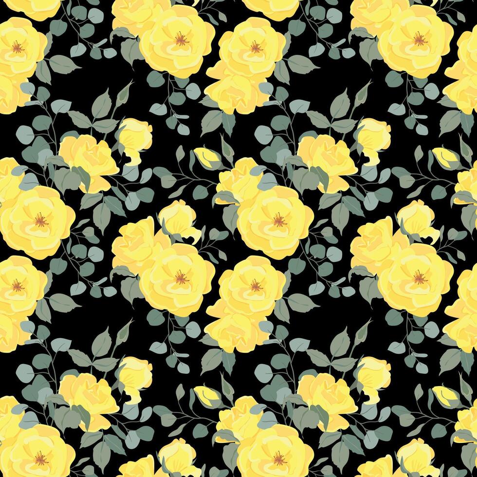 sin costura vector modelo con amarillo rosas y hojas. floral modelo para fondo de pantalla o tela, textil. verano flores y verde follaje en un negro antecedentes.