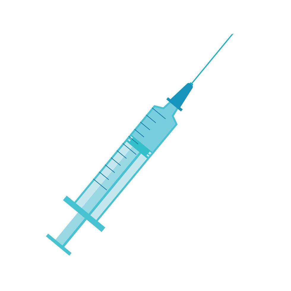 Vector color flat design of medical plastic syringe with blue liquid and iron needle. Illustration of hospital equipment isolated on a white background.