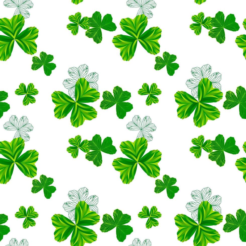 Seamless clover vector background for St. Patrick's Day. Green clover leaves of different sizes on a white background. illustration with the symbol of Ireland.