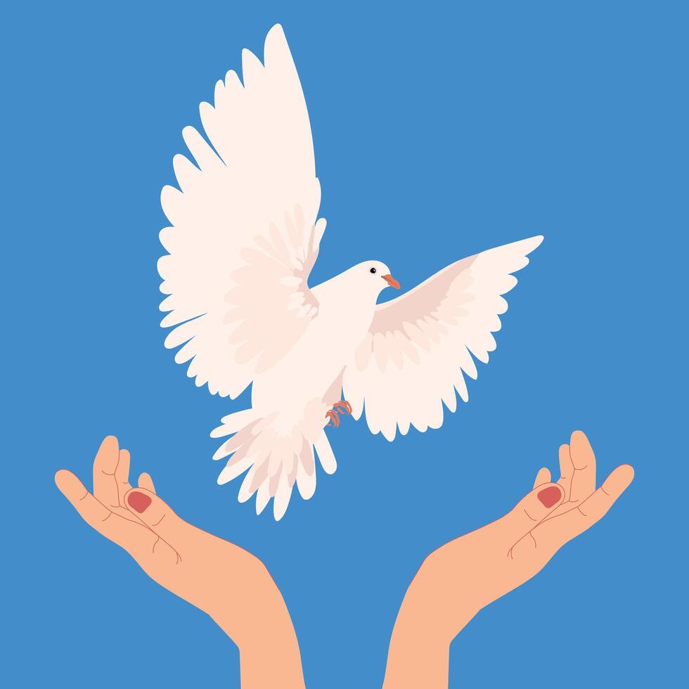 manos con paloma de paz en plano estilo. vector. un blanco pájaro moscas fuera de el manos dentro el azul cielo. el concepto de esperanza, un firmar de libertad y independencia, un manifestación de el santo espíritu. vector