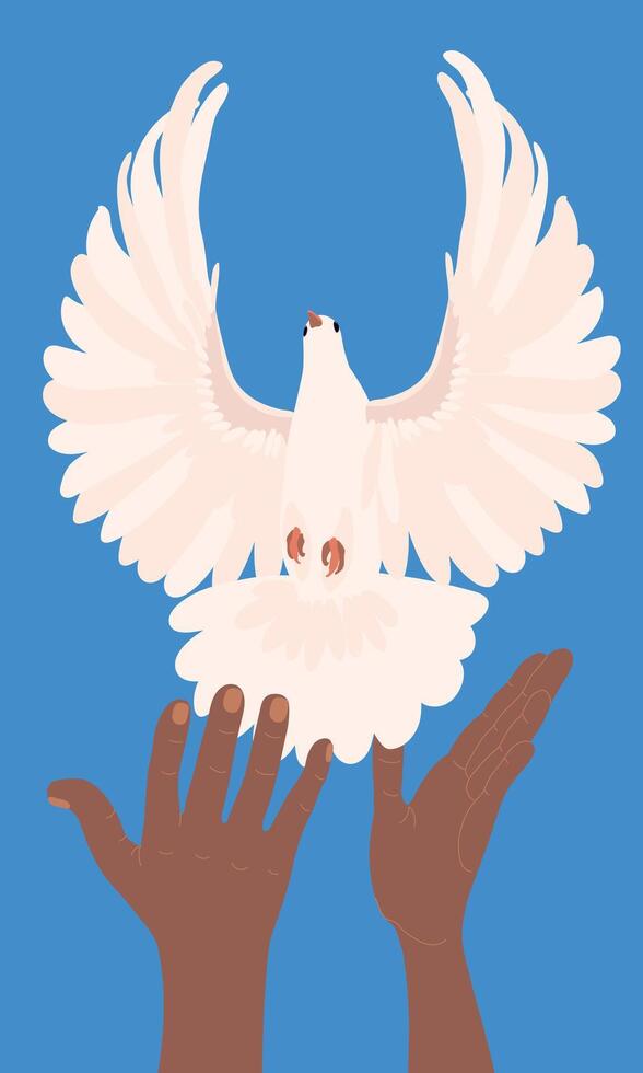 manos con paloma de paz en plano estilo. vector. un blanco pájaro moscas fuera de el manos dentro el azul cielo. el concepto de esperanza, un firmar de libertad y independencia, un manifestación de el santo espíritu. vector