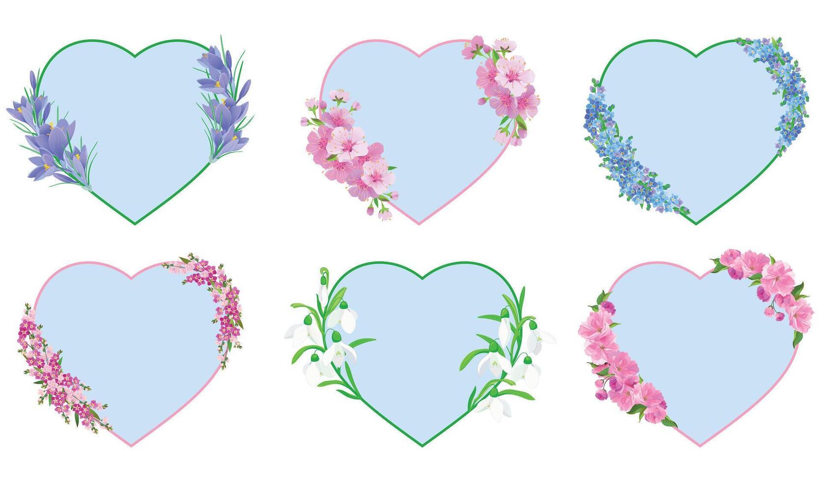 heart-shaped frames with spring flowers crocus sakura snowdrops forget-me-nots vector