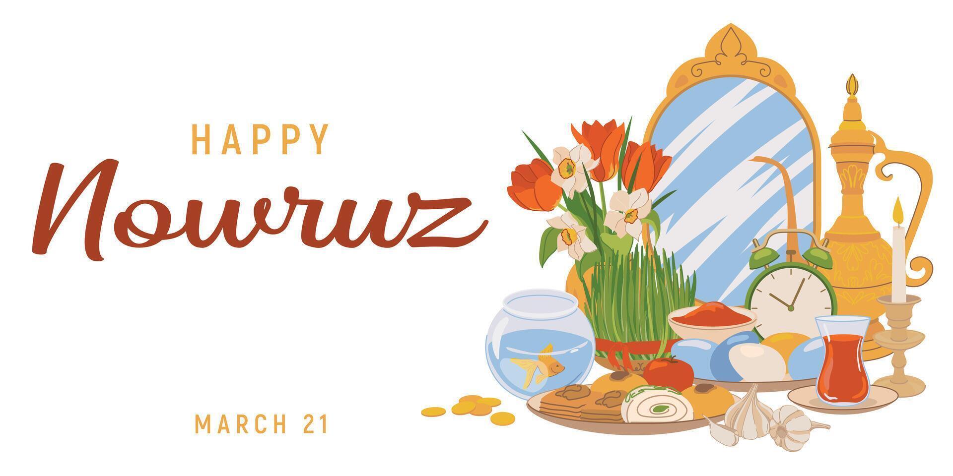 Happy Nowruz Day or Iranian New Year. Illustration with attributes of a religious holiday, fish, sweets, grass, vinegar, watchmaker, mirror, clock, chvecha. Flat style, vector. vector