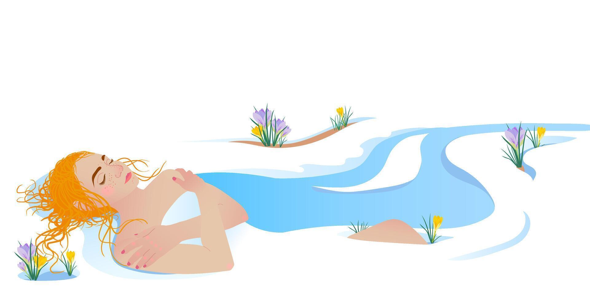 The concept of the awakening of nature after winter. The girl who wakes up in the image of spring. Melting snow, streams and snowmelt, crocuses and spring flowers. The awakening of nature from sleep. vector