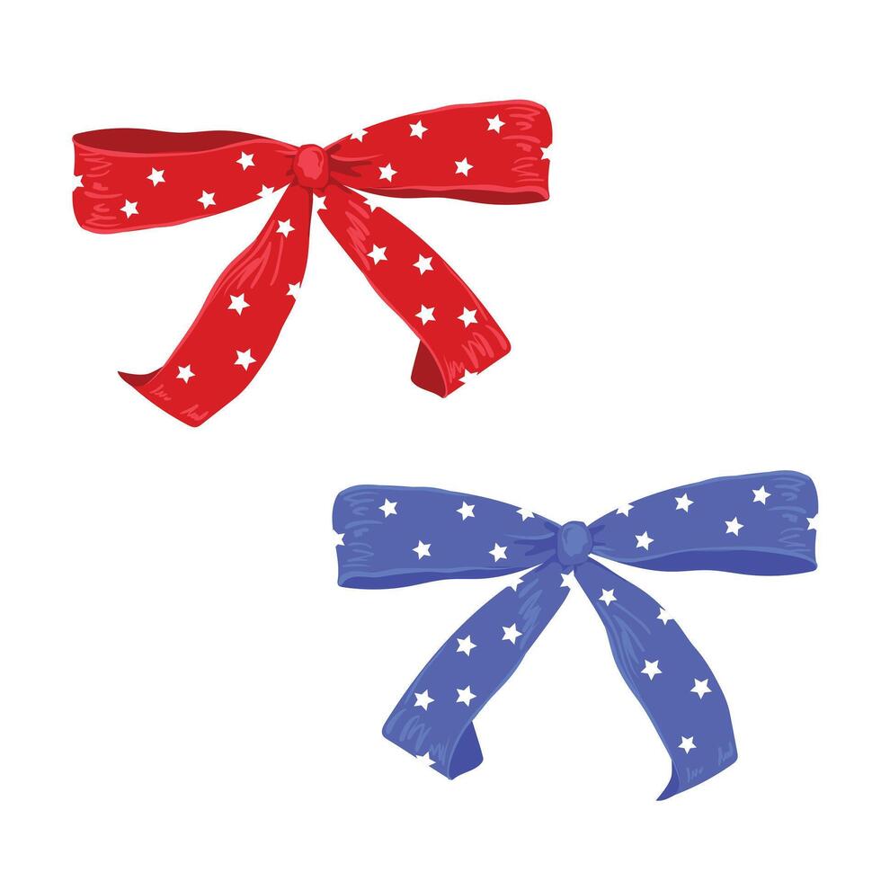 Decorative bows made of ribbons. Vector blue and red bow with stars. Clip Art for making gifts, invitations, and gift certificates. Isolated on a white background.