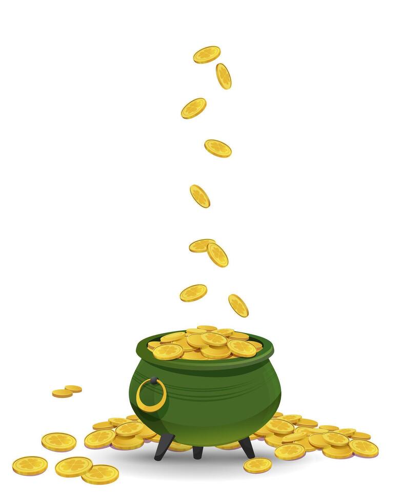 Gold coins fall into the pot, the leprechaun's treasure. A traditional Irish symbol of good luck. Vector element for the St. Patrick's Day banner , March 17th.