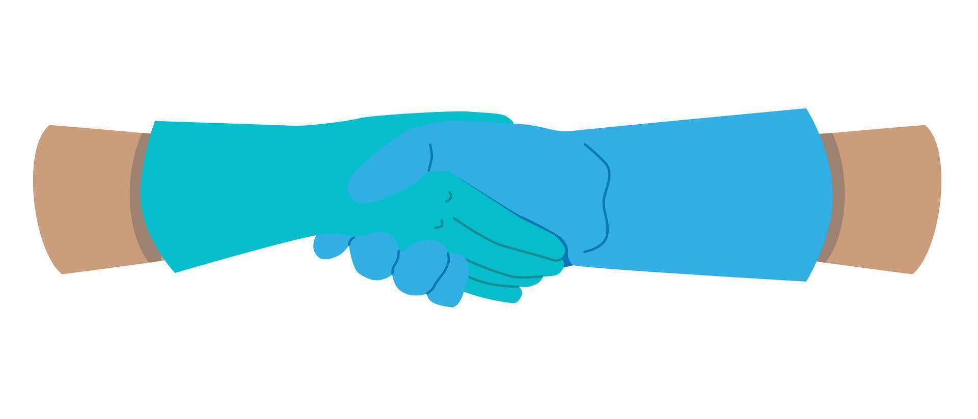 Close-up of hands with a handshake in a rubber glove isolated on a white background. Vector. Doctors consent concept. vector