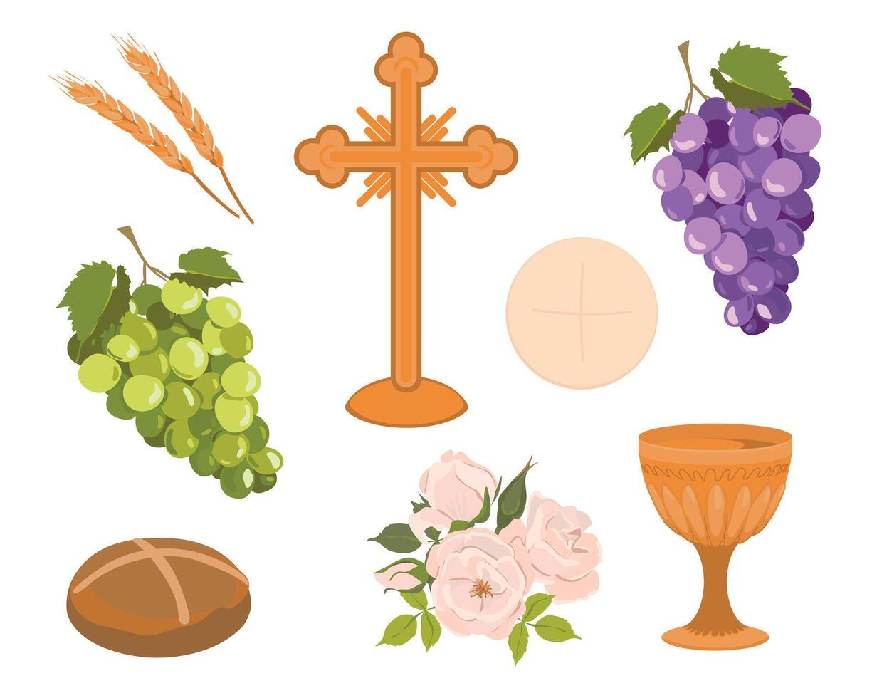 Elements of Catholic First Communion. Vector set. Golden bowl for wine, bread, wine, grapes, cross, white roses. Beautiful invitation design elements.