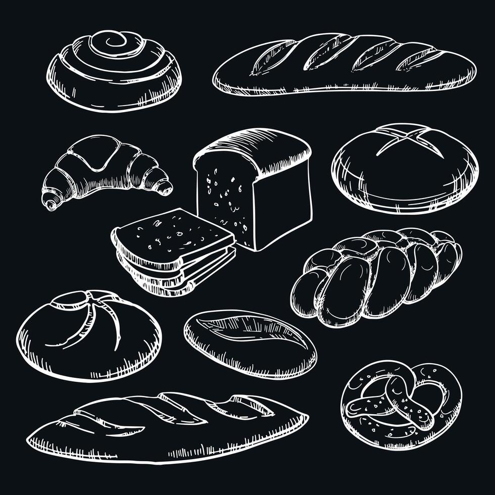 Collection of loaves of bread and bakery products, production of bakery products. Set of vector homemade buns and pretzels, French baguette with crispy top. White linear sketch on a black background.