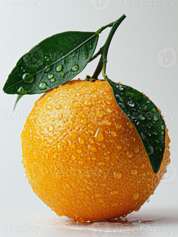 AI generated Orange with water drops on white background photo