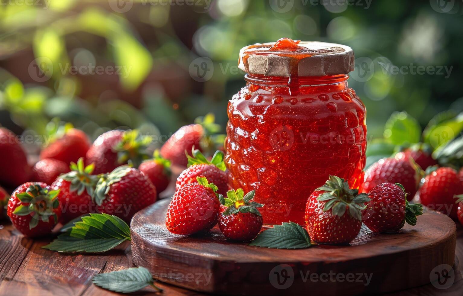 AI generated Strawberry jam in glass jar and fresh strawberries on wooden table photo