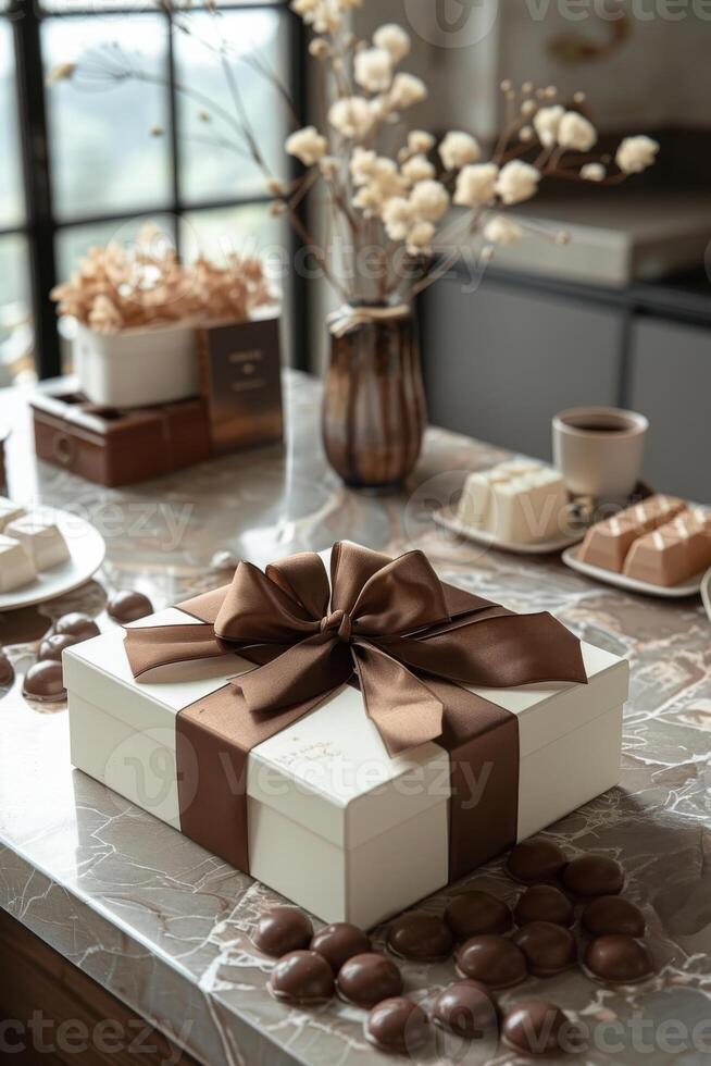 AI generated White box is wrapped in brown ribbon and placed on table photo