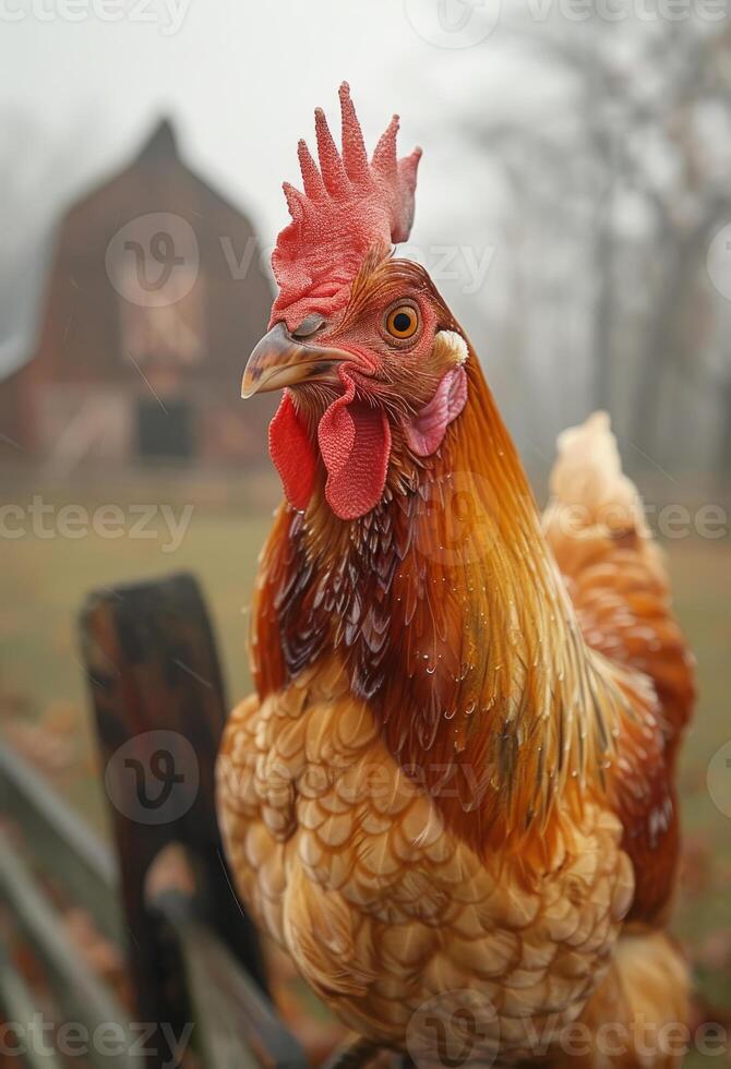 AI generated Rooster sits on fence in the fog photo