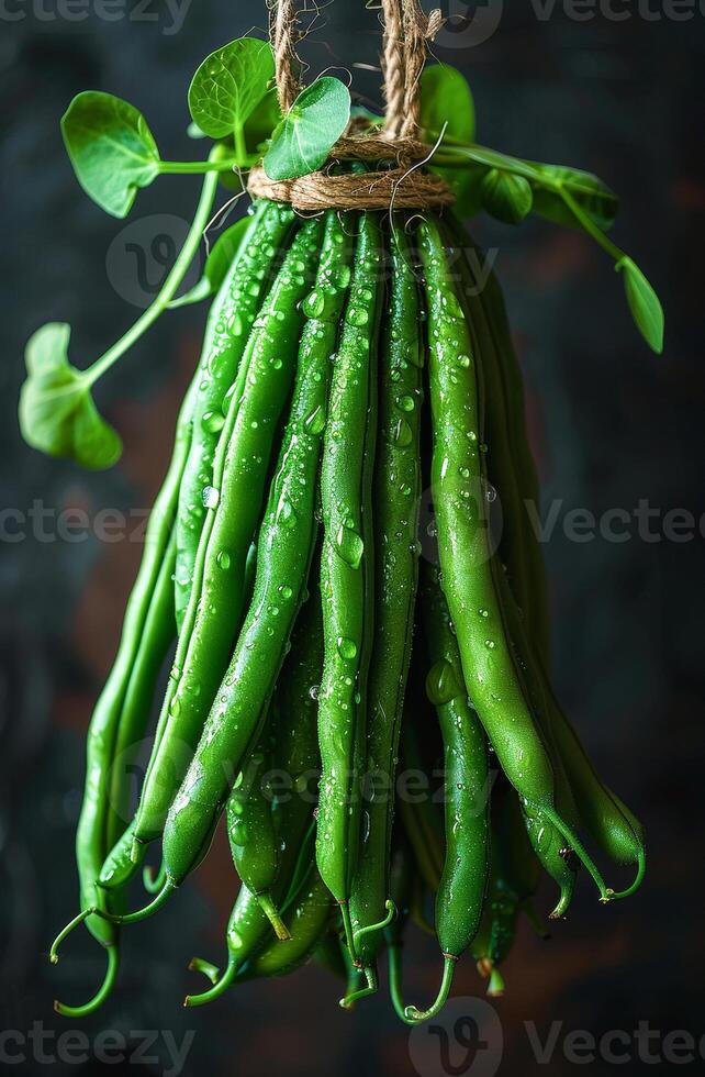 AI generated Green beans on dark background photo