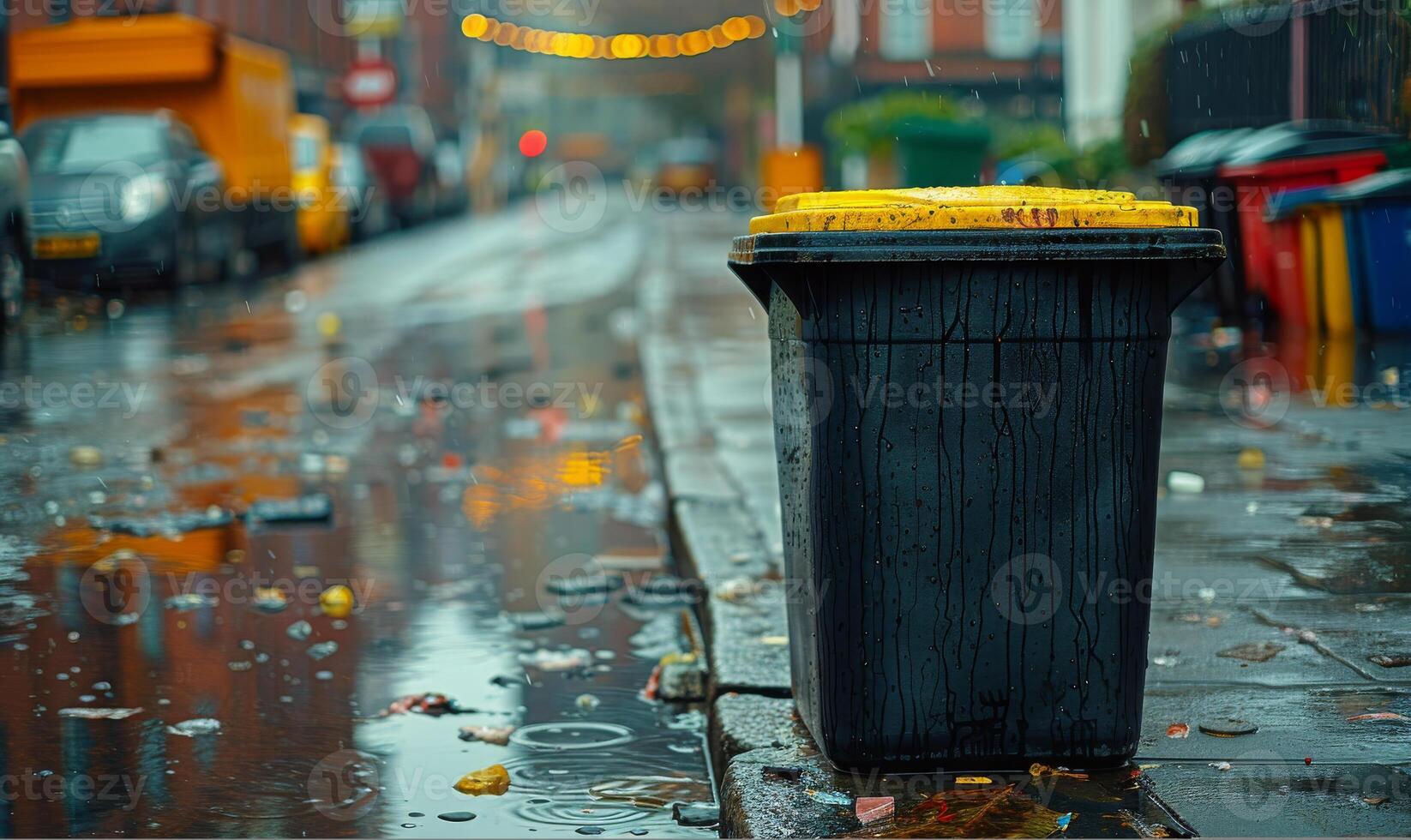 ai generado amarillo basura lata es rodeado por basura en lluvioso día. foto