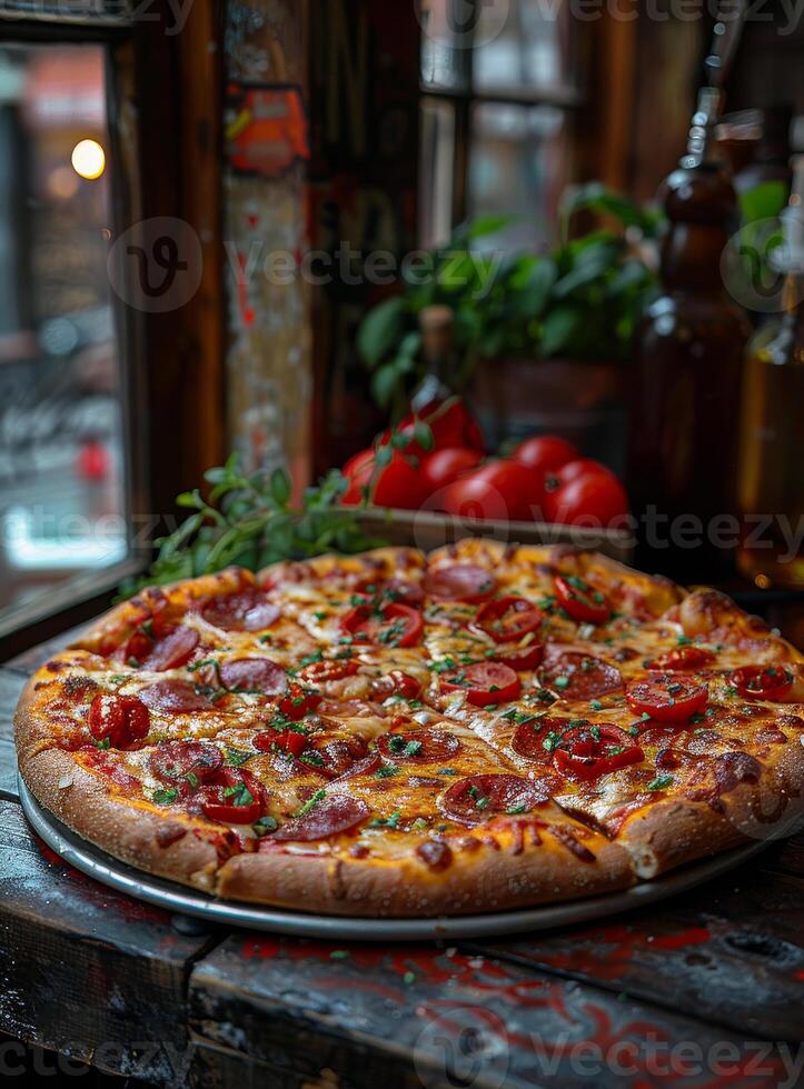 ai generado delicioso Pizza con Tomates y queso foto