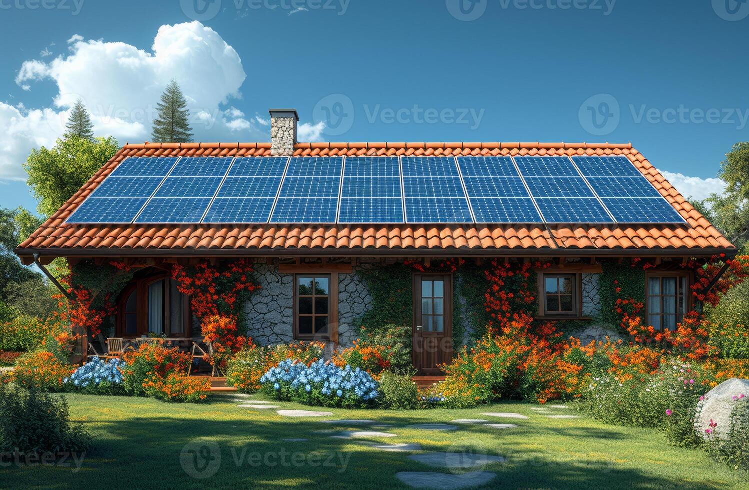 AI generated House with solar panels on the roof photo